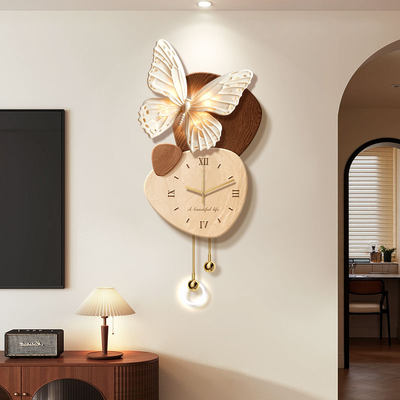 中古风蝴蝶电视背景墙钟表装饰画