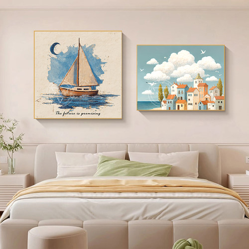 北欧治愈海边风景卧室床头装饰画