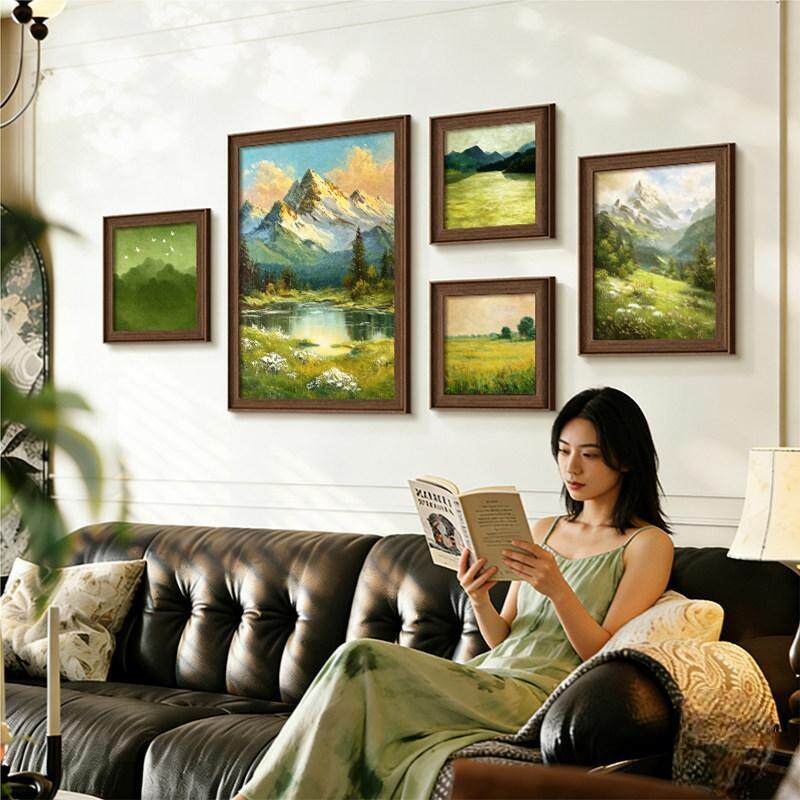中古风背有靠山客厅装饰画法式艺术沙发背景墙挂画高级感组合壁画