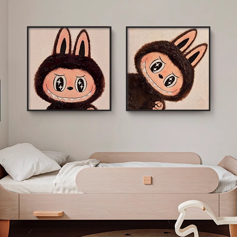 拉布布labubu装饰画卡通趣味儿童房卧室床头挂画泡泡玛特摆件壁画图片
