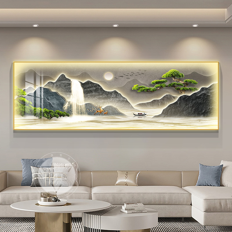 轻奢流水生财客厅装饰画led灯茶室山水画高级感沙发背景墙壁挂画