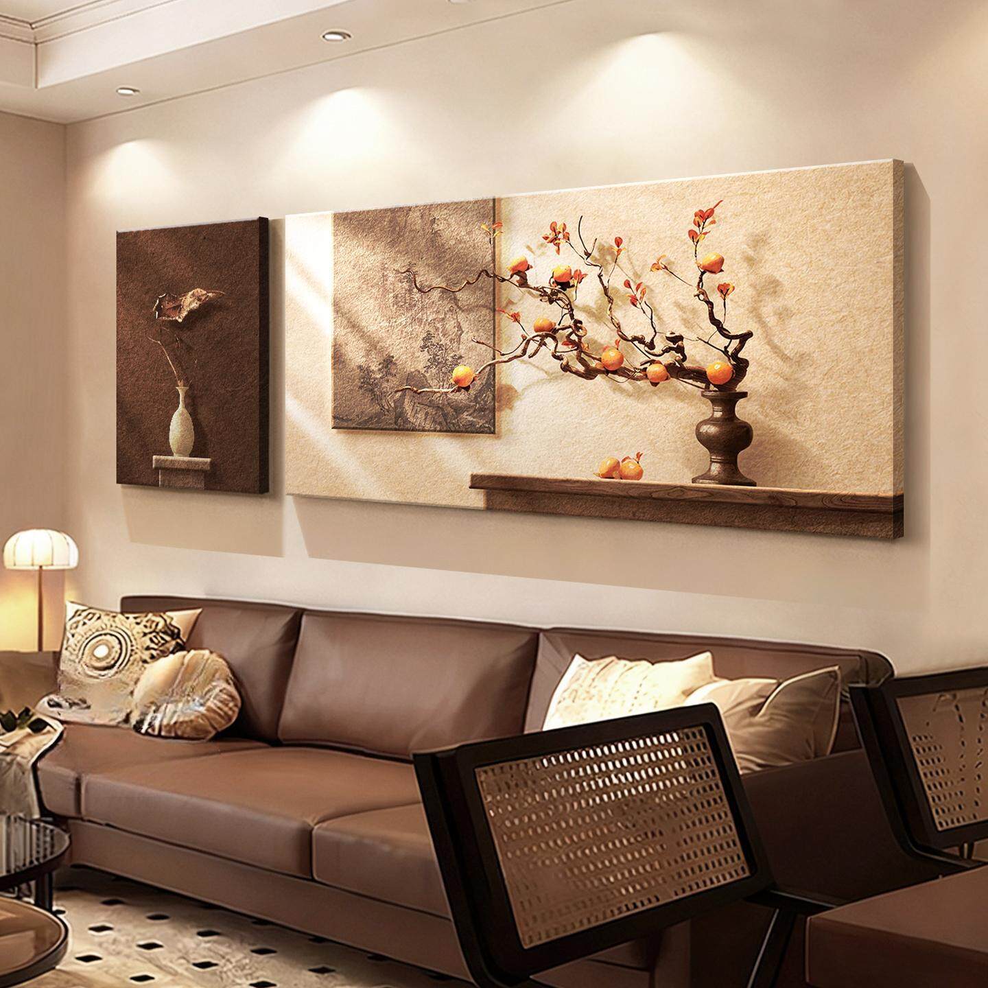 中古风柿柿如意客厅装饰画2026新款沙发背景墙挂画高级感两联壁画,家居饰品,现代装饰画,淘宝优惠券,粉丝福利购,淘宝优惠卷