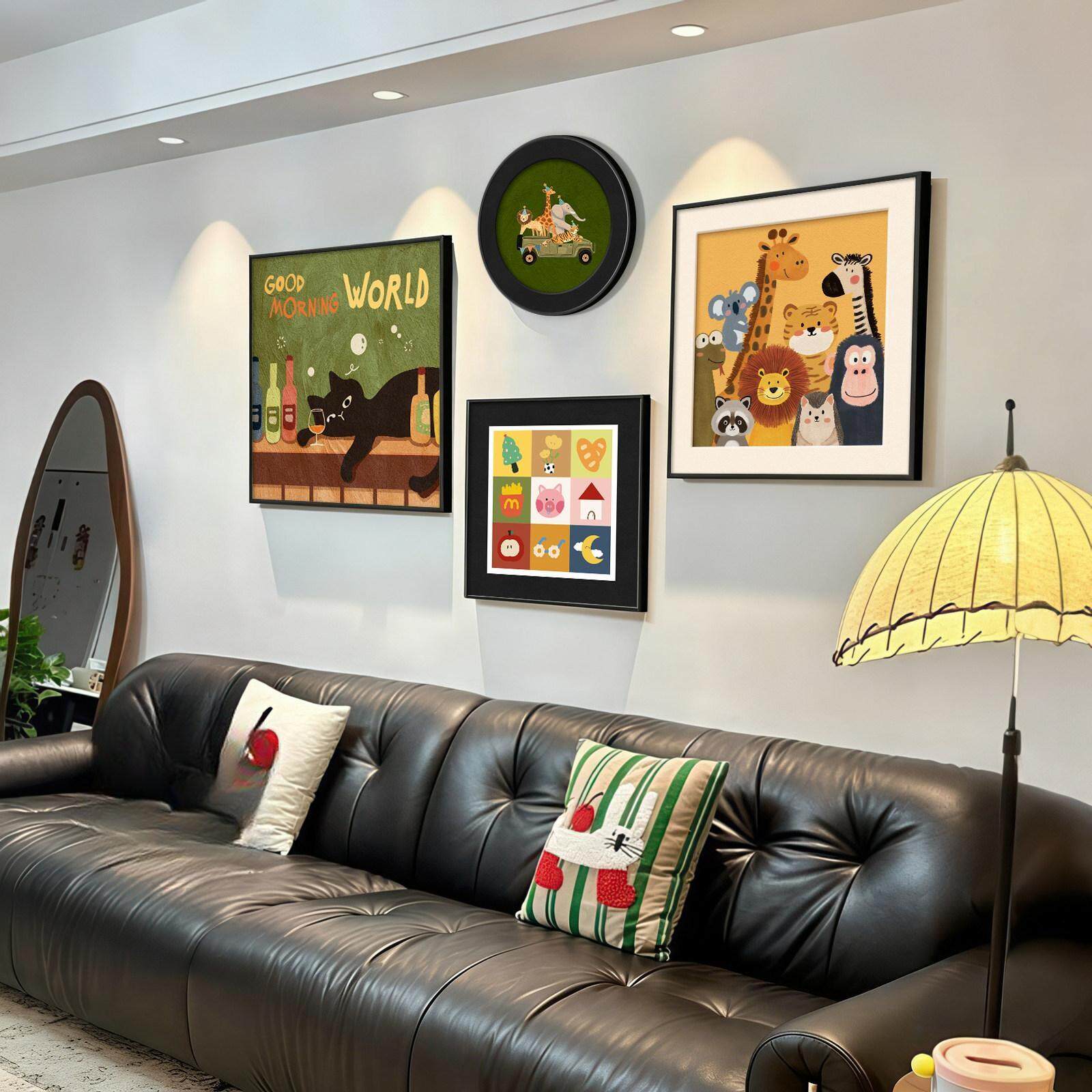 多巴胺彩色客厅装饰画中古风沙发背景墙挂画卡通动漫儿童房墙壁画