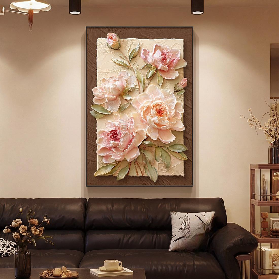 中古奶油风牡丹花客厅玄关装饰画图片