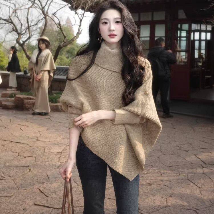 慵懒高领蝙蝠袖毛衣女秋冬2026新款韩味气质穿搭不规则针织衫上衣