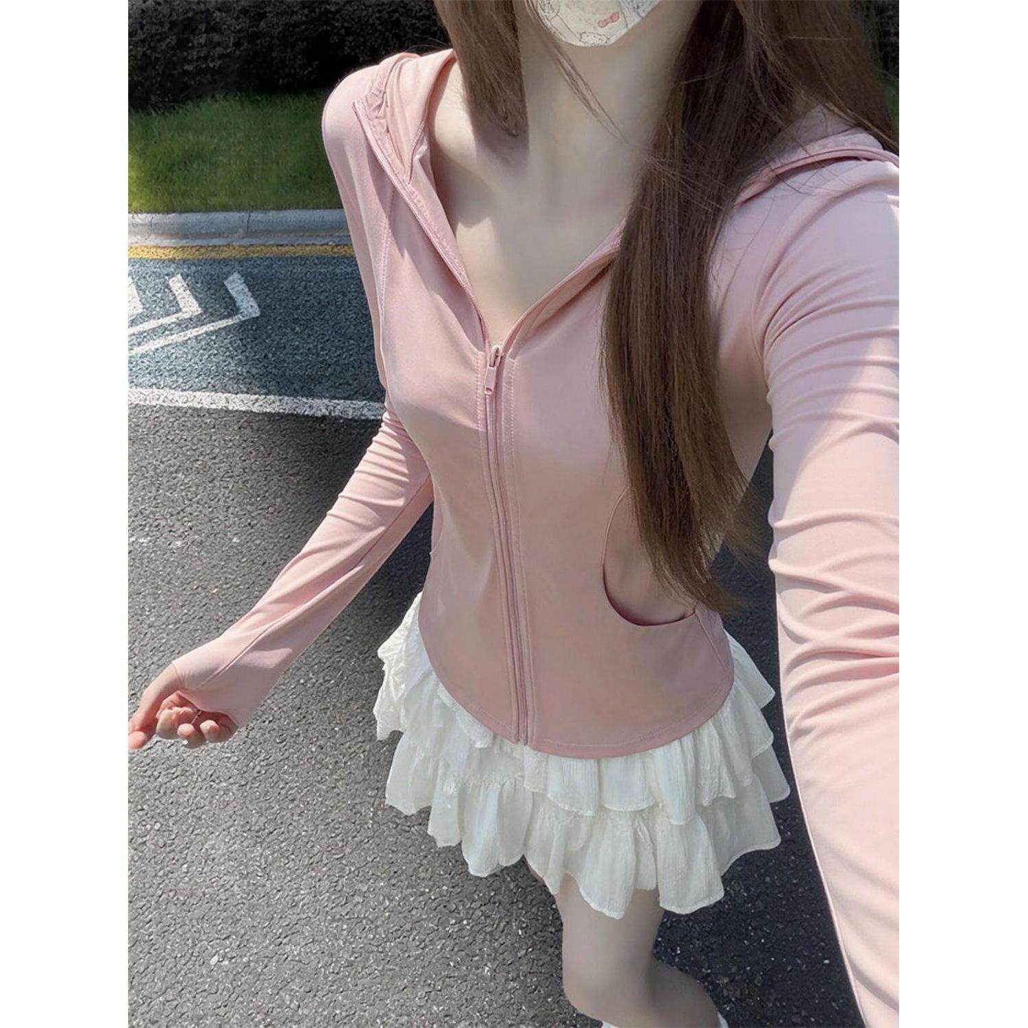 粉色冰丝速干防晒衣女夏季新款户外运动连帽上衣修身显瘦瑜伽外套