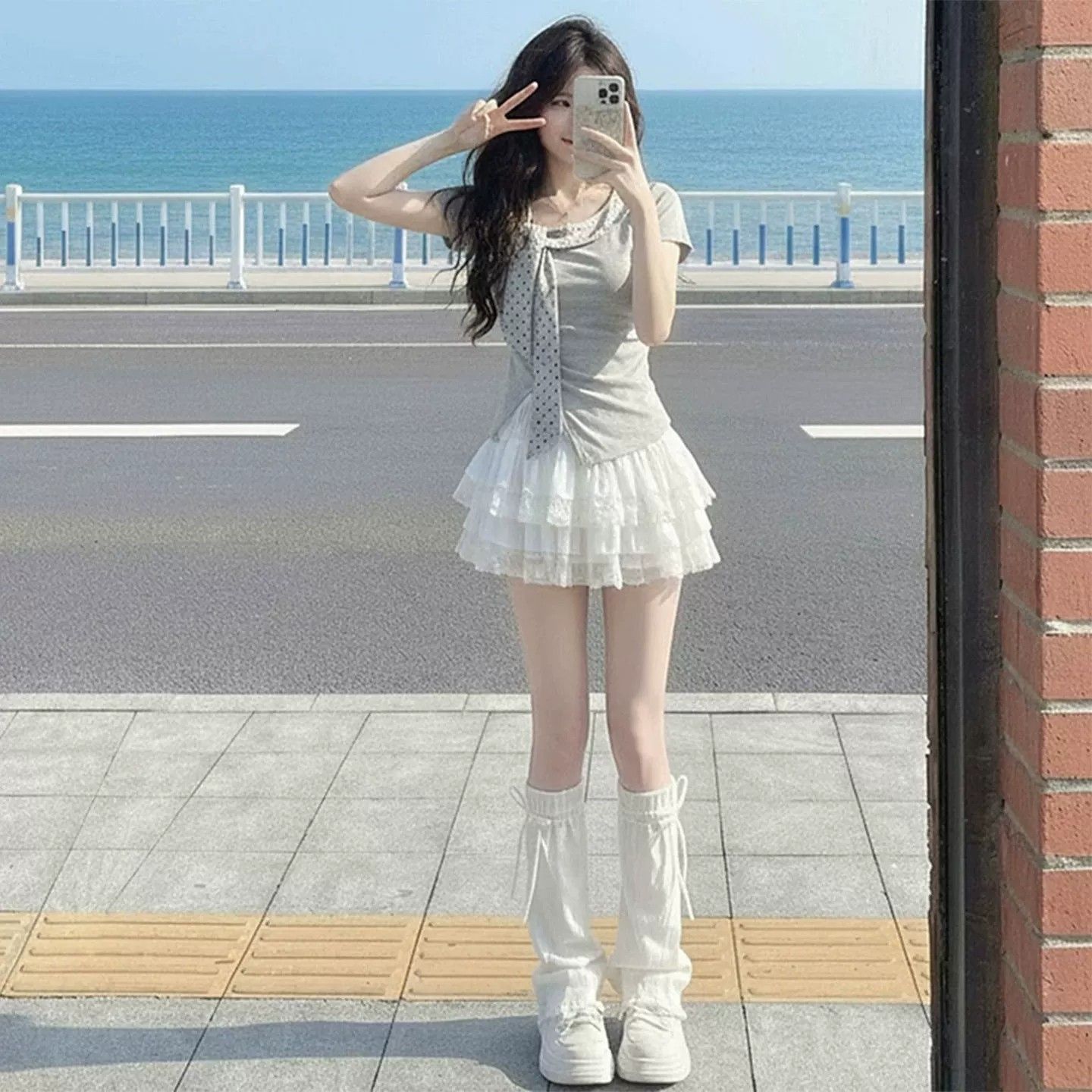 韩系套装女夏季2026新款不规则收腰短袖T恤上衣蓬蓬蛋糕裙两件套