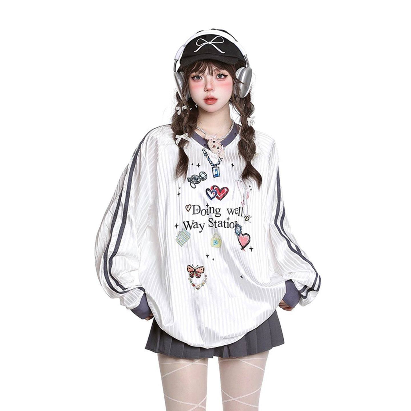 美式泽西风休闲v领t恤卫衣女秋季穿搭慵懒设计感宽松罩衫长袖上衣