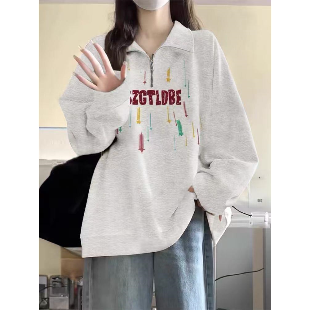 美式复古半拉链polo领卫衣女2026秋季薄款宽松慵懒风正肩长袖上衣