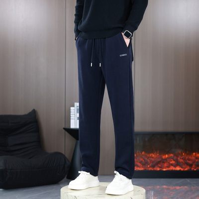 俊逸男装 秋冬季加绒直筒男裤大码宽松平脚商务长裤海藻绒运动a83
