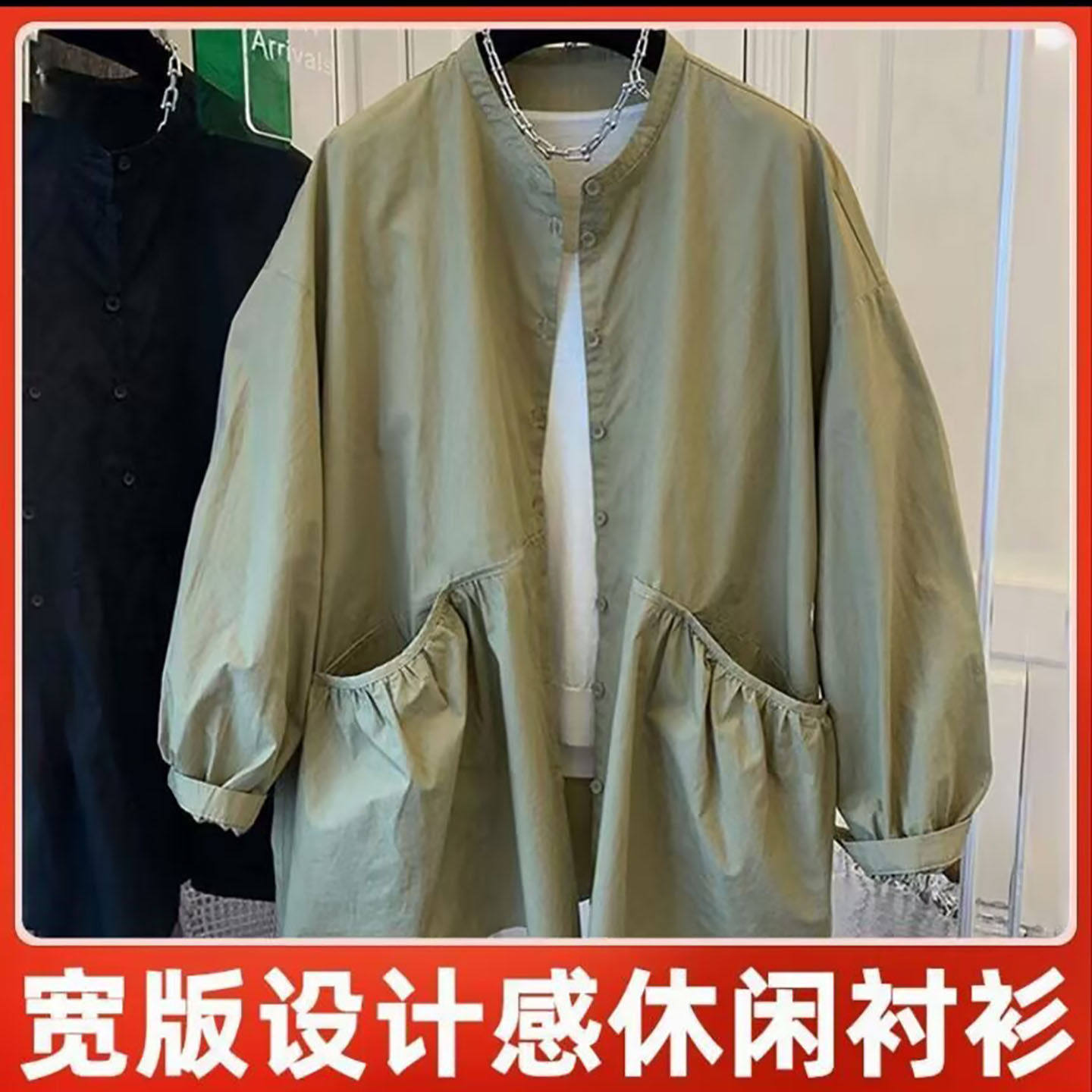 谦众女装立体双口袋亚麻长袖衬衫春秋季女士宽松棉布外套时尚上a3
