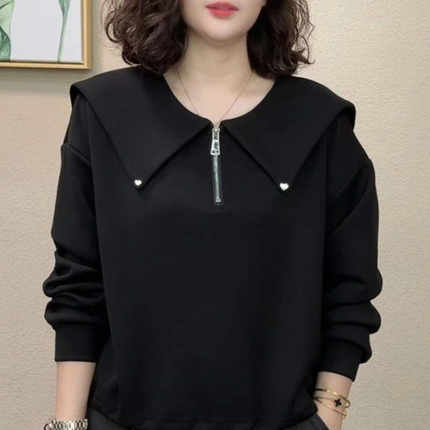 铂瑾女装2026春秋季新款女士半拉链海军领卫衣时尚宽松长袖T恤a6