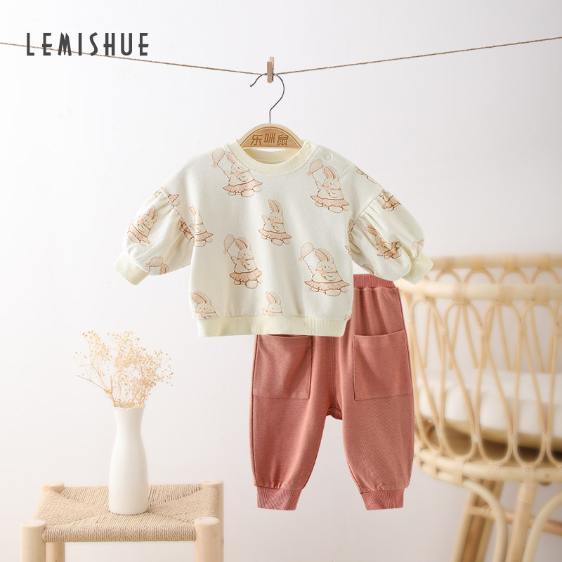 LEMISHUE乐咪鼠女童套装春秋季婴儿家居服莫代尔两件套兔宝宝衣服