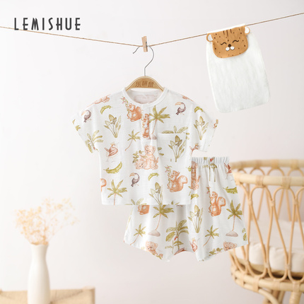 LEMISHUE乐咪鼠女童套装夏季莫代尔分体两件套男宝宝薄款婴儿衣服