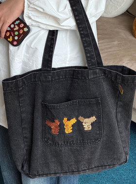 BLUUF TAG可爱小狗刺绣黑色牛仔单肩包托特包手提女生通勤休闲包