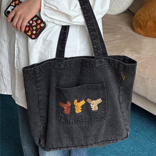 BLUUF TAG可爱小狗刺绣黑色牛仔单肩包托特包手提女生通勤休闲包