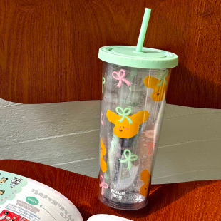 BLUUF TAG原创设计可爱小狗夏天大容量双层塑料吸管水杯透明款