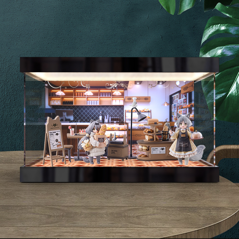 适用茶会猫系列 喵呜镇 面包店 店员狸花猫 手办防尘罩灯箱收纳盒