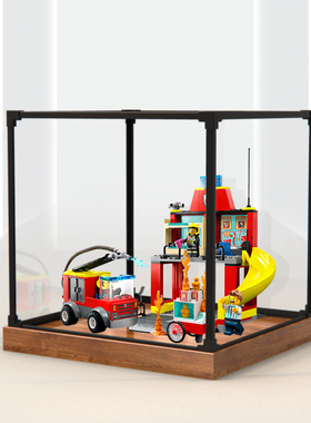 亚克力展示盒适用乐高60375 消防局与消防车积木模型合金框收纳盒