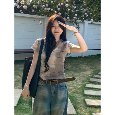 大码胖mm美式扎染短袖t恤