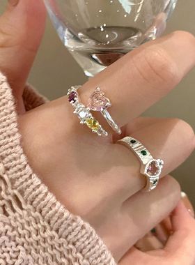 甜酷风粉钻爱心戒指女夏轻奢小众设计感指环精致开口可调节食指戒
