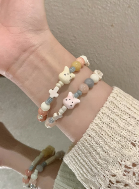 小清新彩色陶瓷猫咪手链女夏季夏季新款可爱甜美串珠手串手饰品