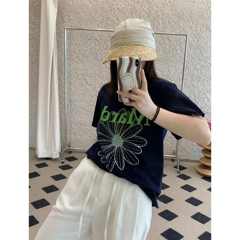 董洁同款穿搭夏季白色短袖T恤女纯棉小雏菊潮牌印花情侣款上衣