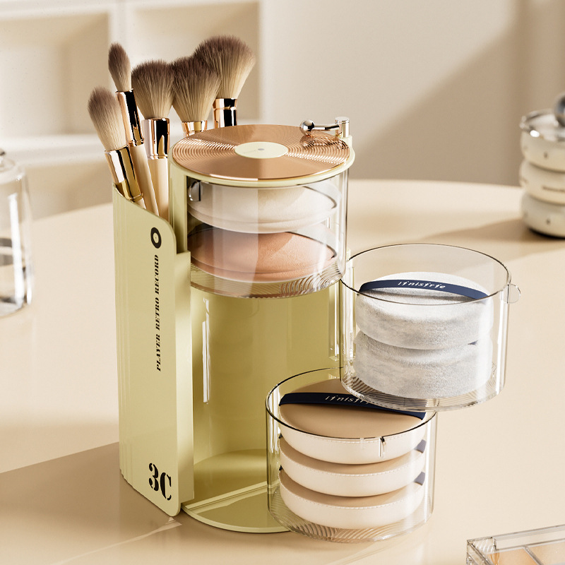 粉扑收纳盒旋转防尘桌面美妆蛋气垫架梳妆台多层口红化妆刷置物架