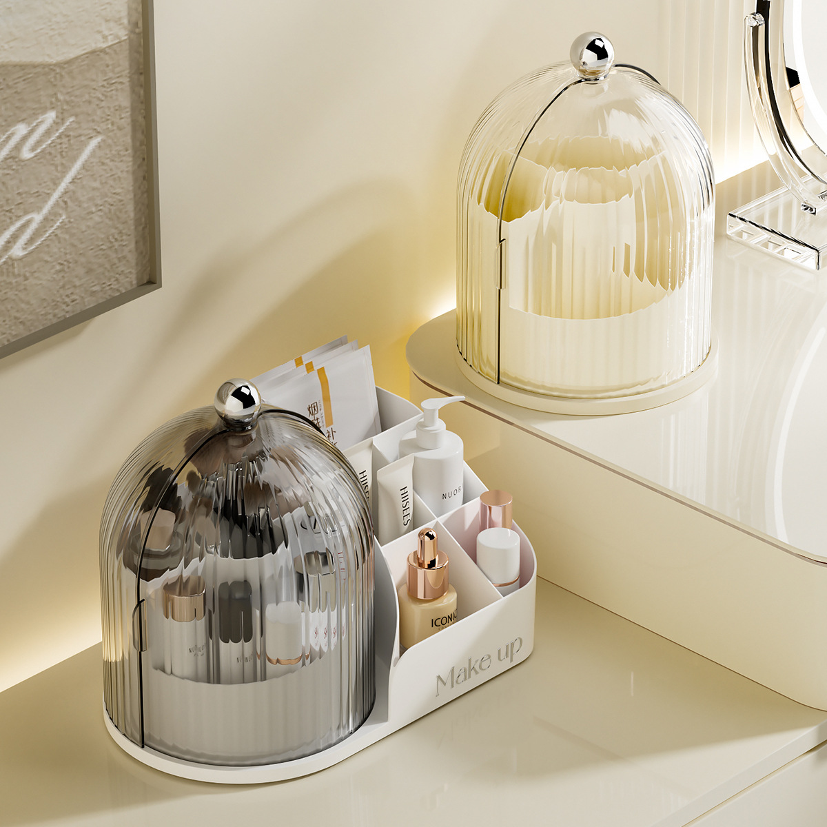 高颜值化妆收纳盒透明旋转化妆刷套装防尘分格口红眉笔桌面收纳盒