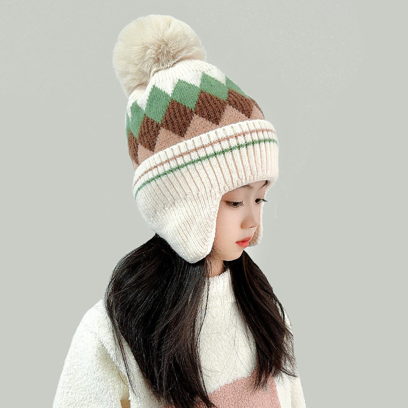 保暖儿童帽子秋冬韩版男童菱形针织毛线帽女孩加绒套头宝宝护耳帽