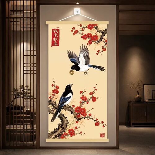 源速钱来报喜喜鹊图实木卷轴挂画新中式玄关背景墙壁画客厅装饰a6