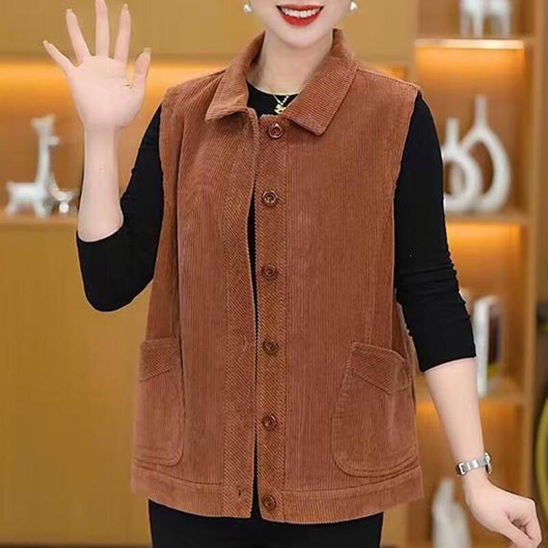 大码女春秋翻领灯芯绒马甲妈妈坎肩宽松时尚百搭条绒马夹