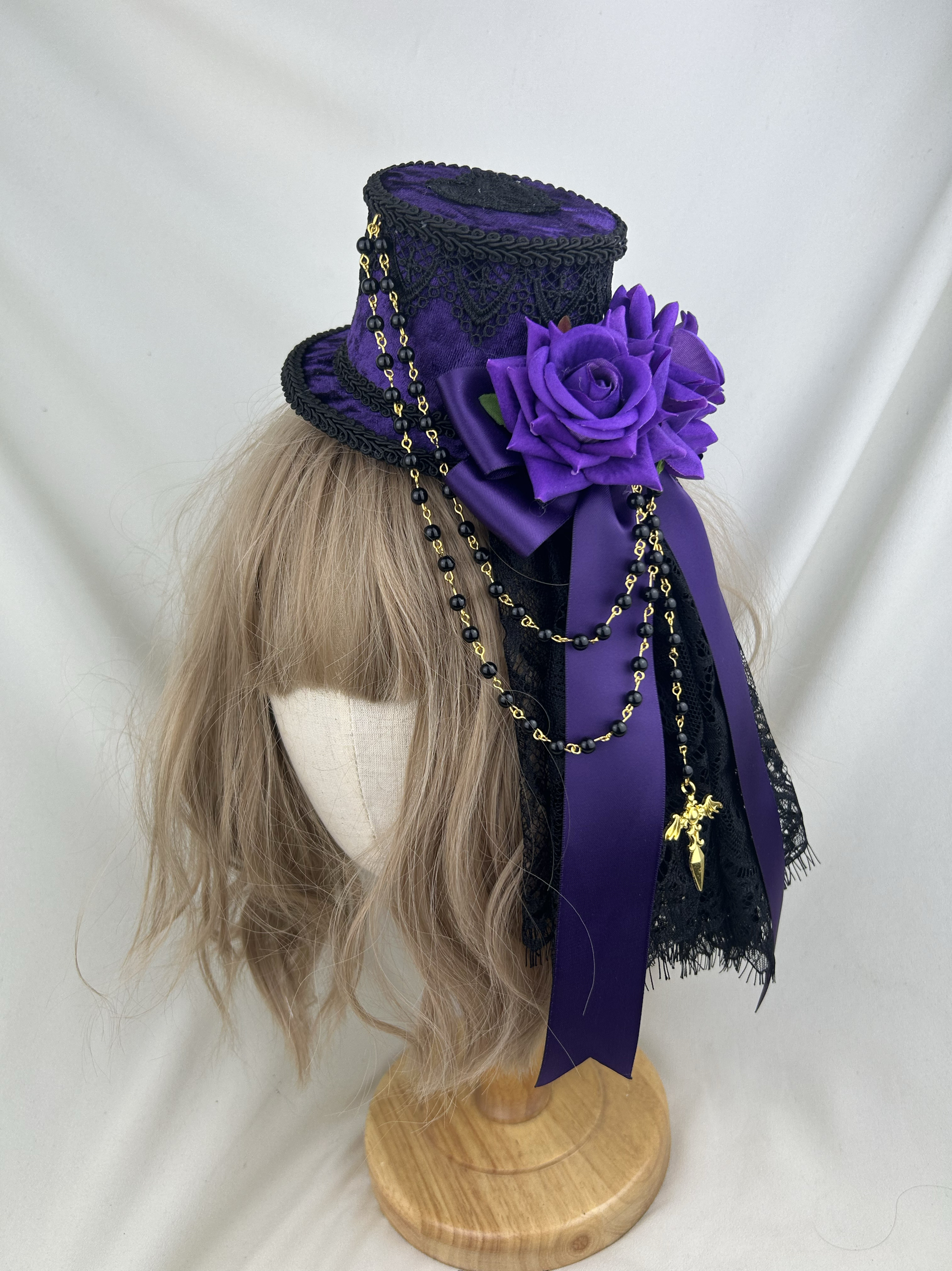 原创Lolita黑紫色玫瑰花小礼帽头饰发夹哥特式暗黑系拖尾蝴蝶发饰