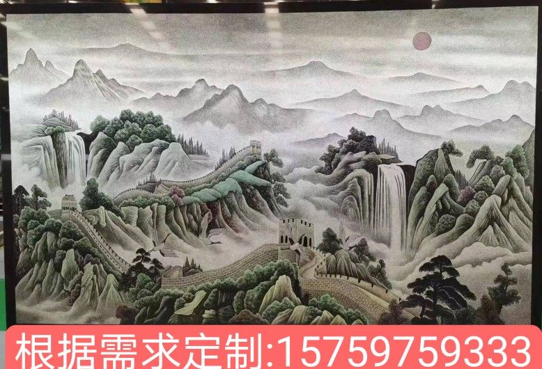 石材山水风景彩雕古建筑墙壁石雕影雕传统石材影雕线雕背景墙彩雕