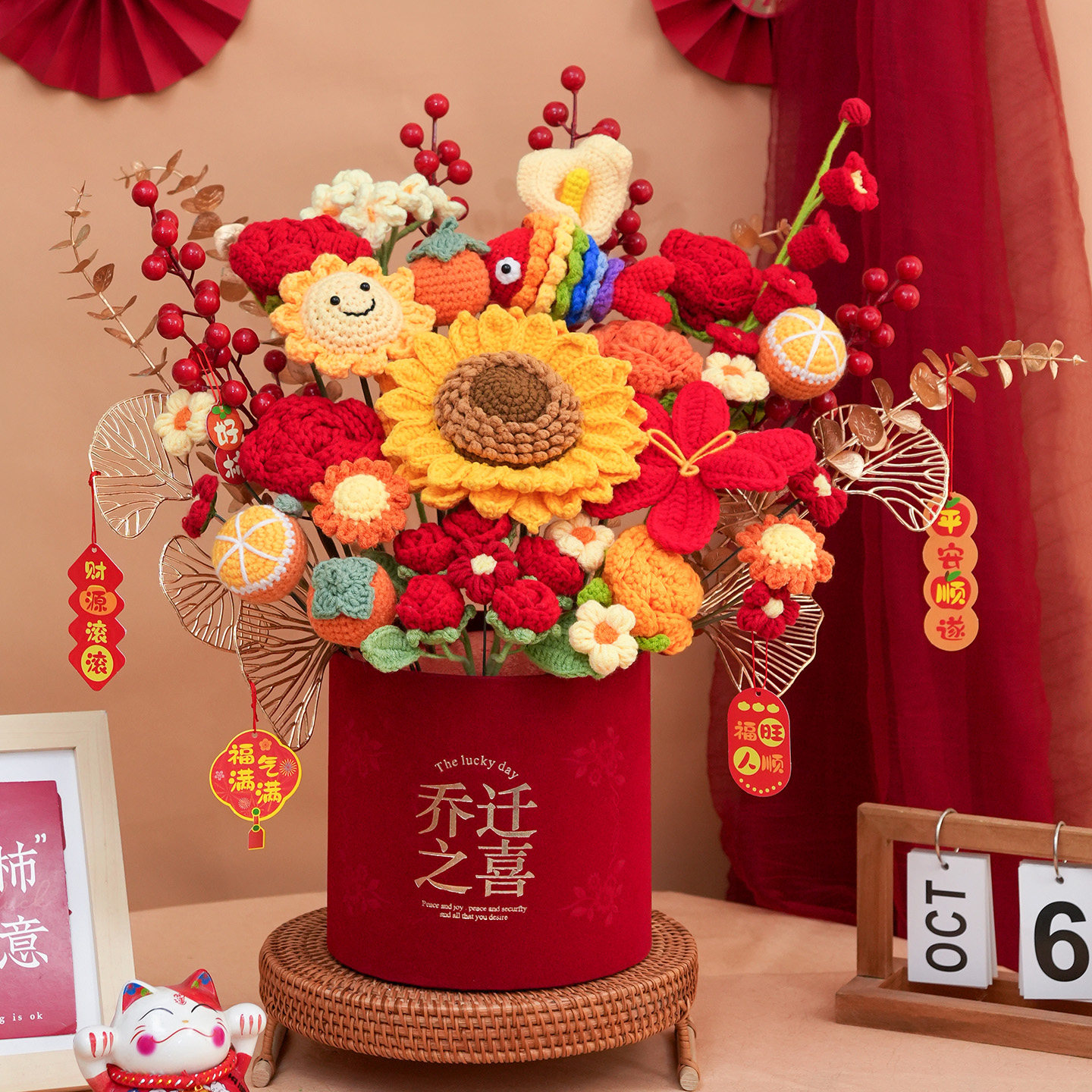 乔迁之喜客厅新房摆件福桶装饰品搬家结婚礼物仿真向日葵毛线花束,家居饰品,仿真花/假花,淘宝优惠券,粉丝福利购,淘宝优惠卷