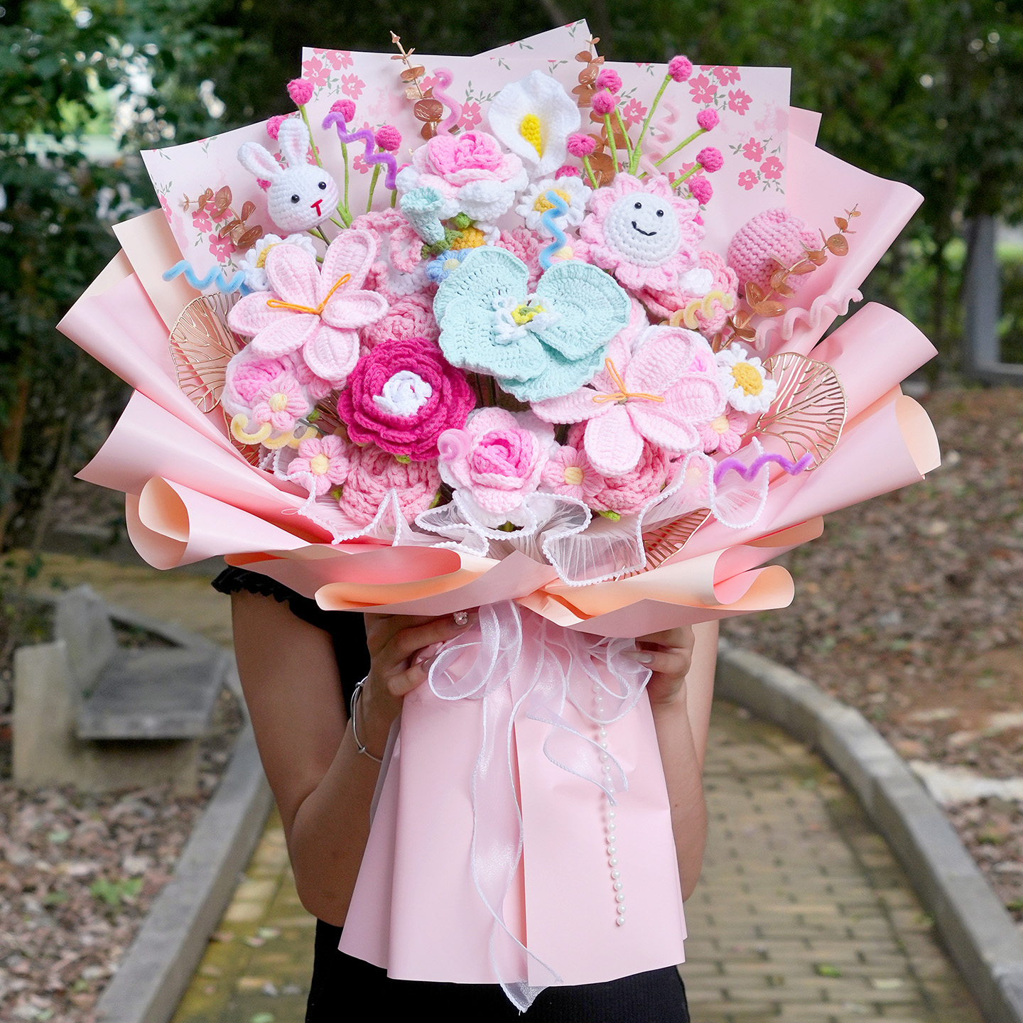 实用生日礼物手工钩织仿真永生毛线花束向日葵玫瑰手捧花送女闺蜜