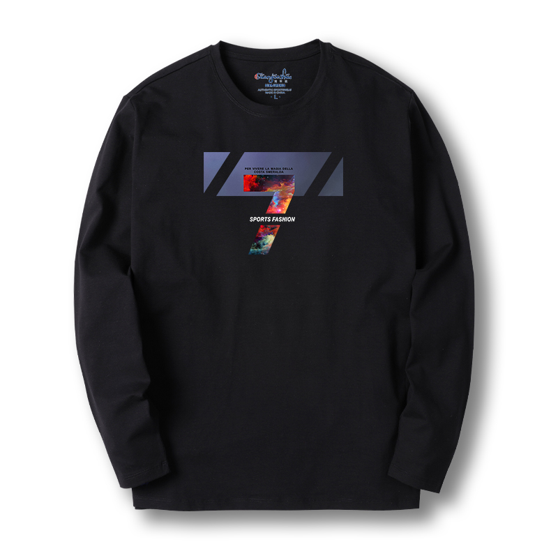 2025新款男士打底衫T恤潮流运动彩色数字7印花大码长袖体恤