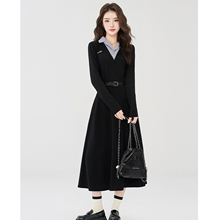 2025秋季polo领假两件长袖连衣裙女韩版高级感气质收腰显瘦长裙子