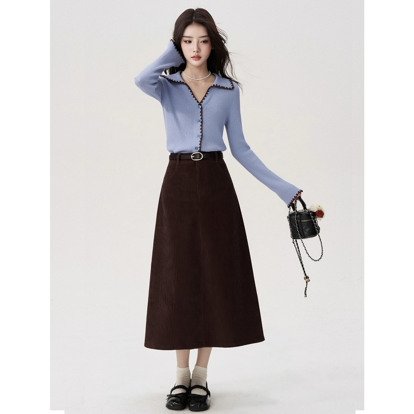 秋冬季法式复古针织毛衣女v领撞色小翻领短款上衣半身裙时尚套装