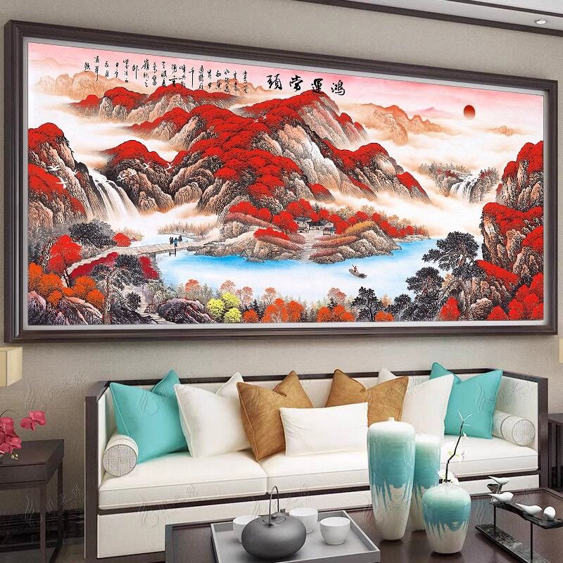 蒙娜丽莎鸿运当头十字绣运当头线绣客厅风景山水手工自己绣刺绣