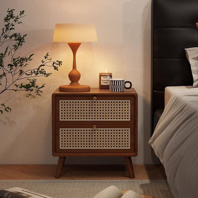 床边双抽储物柜中古风实木床头柜藤编原木黑胡桃木色卧室收纳柜子,住宅家具,床头柜,淘宝优惠券,粉丝福利购,淘宝优惠卷