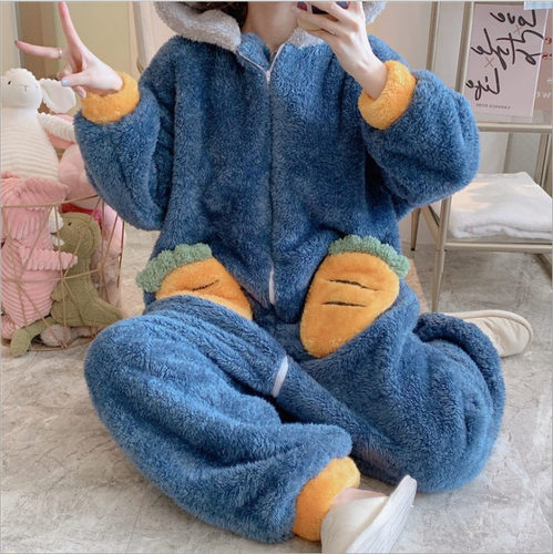 新款珊瑚绒连体睡衣春秋冬季可爱加厚法兰绒浴袍兔子连帽家居服潮