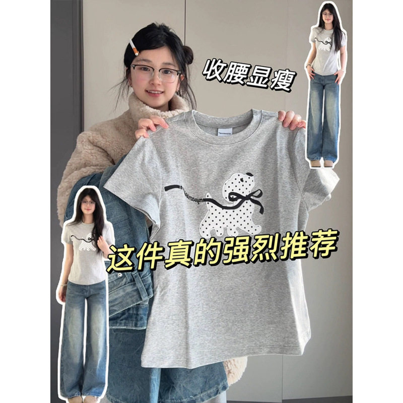 韩系波点小狗蝴蝶结刺绣短袖T恤女夏季正肩显瘦圆领百搭短款上衣