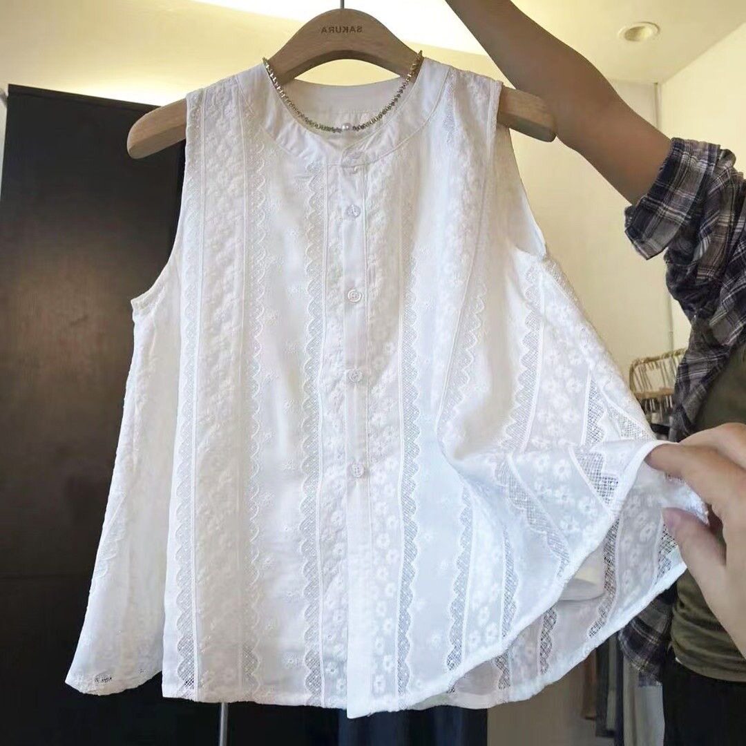 DIYI 小清新女装洋气绣花拼接蕾丝纯色无袖有里衬背心娃娃衫