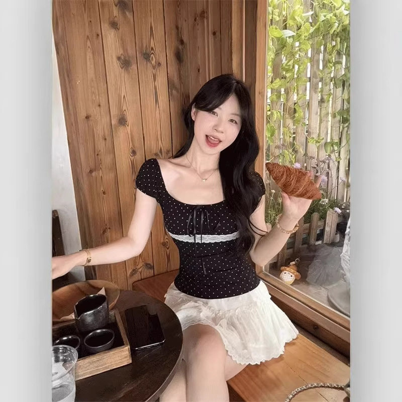 纯欲少女方领低胸蝴蝶结蕾丝拼接短袖T恤泡泡袖显胸大短款上衣女