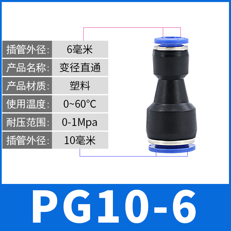 气动快速接头8mm转10mm快插变径空压管二通气管对接pu管直通接头