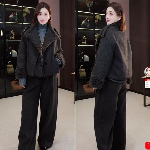 【辰大嗓严选】韩系立领毛呢90绒羽绒短款外套阔腿裤V58TZG1153