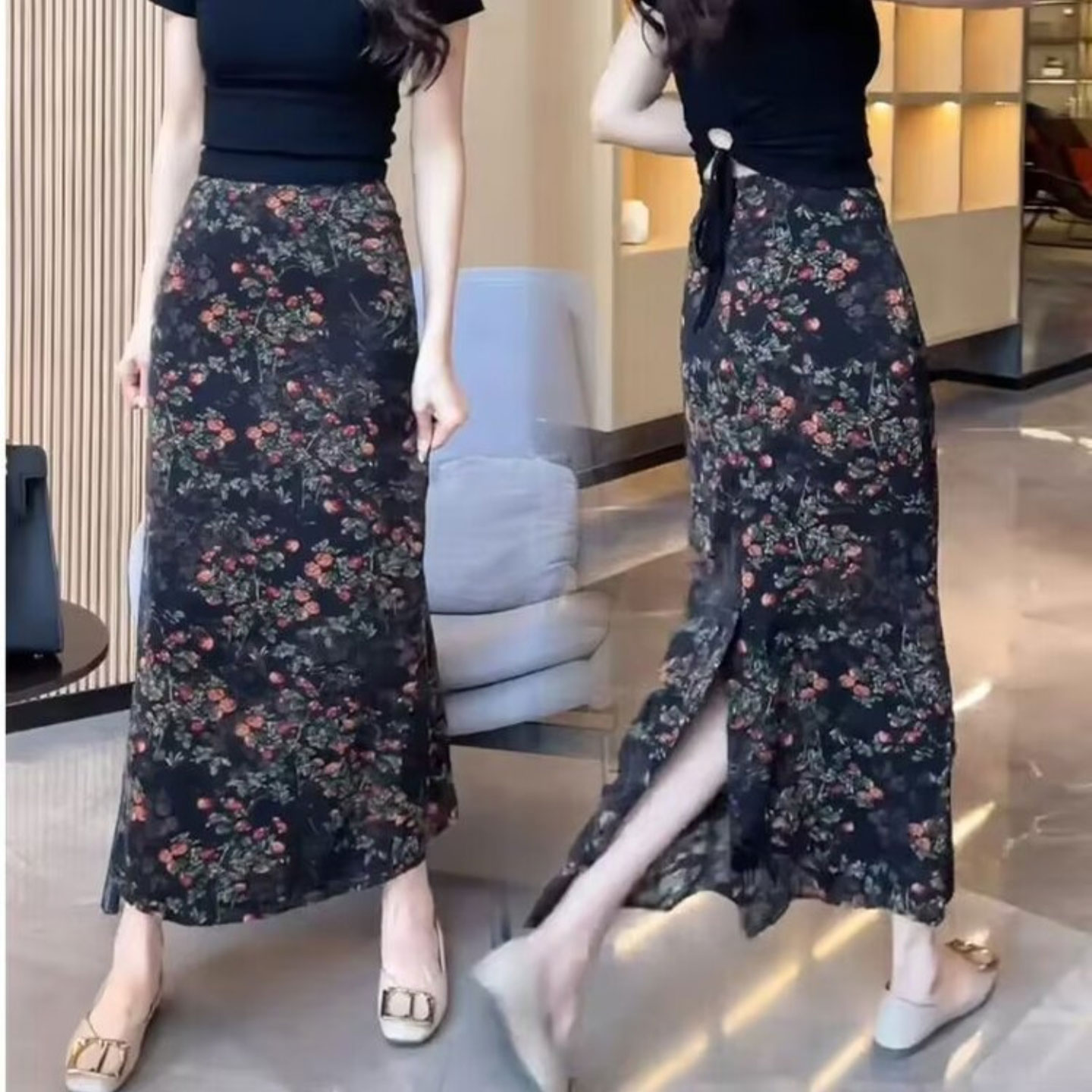 芸菲汇女装2026夏季新款彩色半身裙女高腰复古碎花开叉显瘦包臀a1
