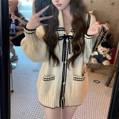 KANING慵懒软糯海军风翻领针织开衫女2025秋冬新款韩系学院风毛衣