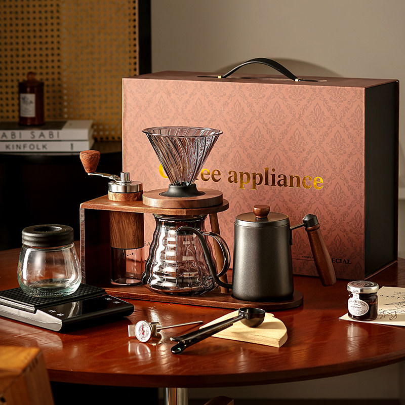 高档手冲咖啡壶套装器具小型家用手摇煮咖啡豆研磨机支架子礼盒装